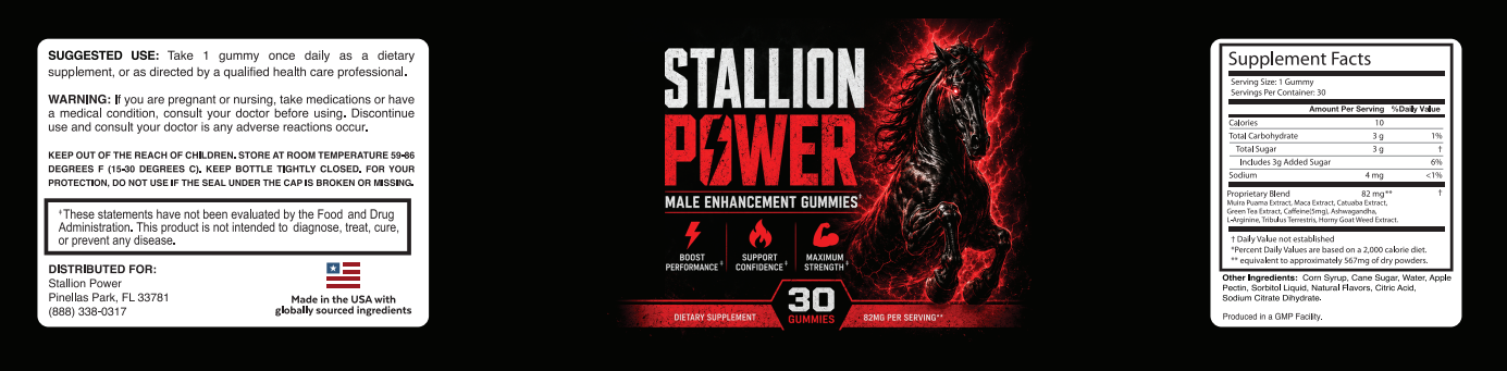 Stallion Power Supplement Facts label: Potato Botanical Extracts, Adaptogen Blend and Chicory Root Botanical